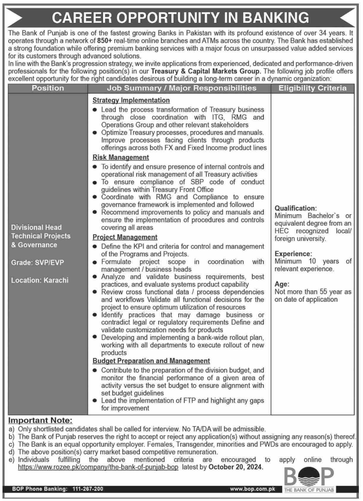 The Bank of Punjab BOP Karachi Jobs Apply Today