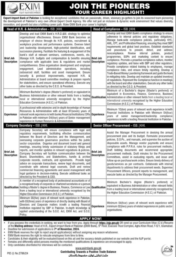 Exim Bank of Pakistan Islamabad Jobs Apply Today