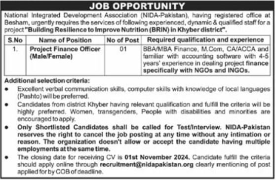 National Integrated Development Association NIDA Peshawar Jobs Apply Today