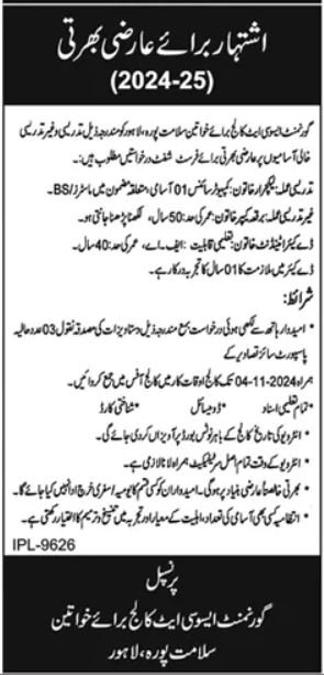 Government Associate College for Women Lahore Jobs Apply Today